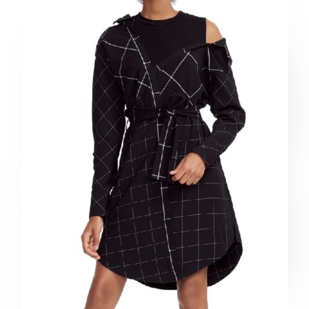 MAJE Razak Women's Small Long Sleeve Asymmetric Plaid Belted Shirt Dress Mini - Picture 2 of 10